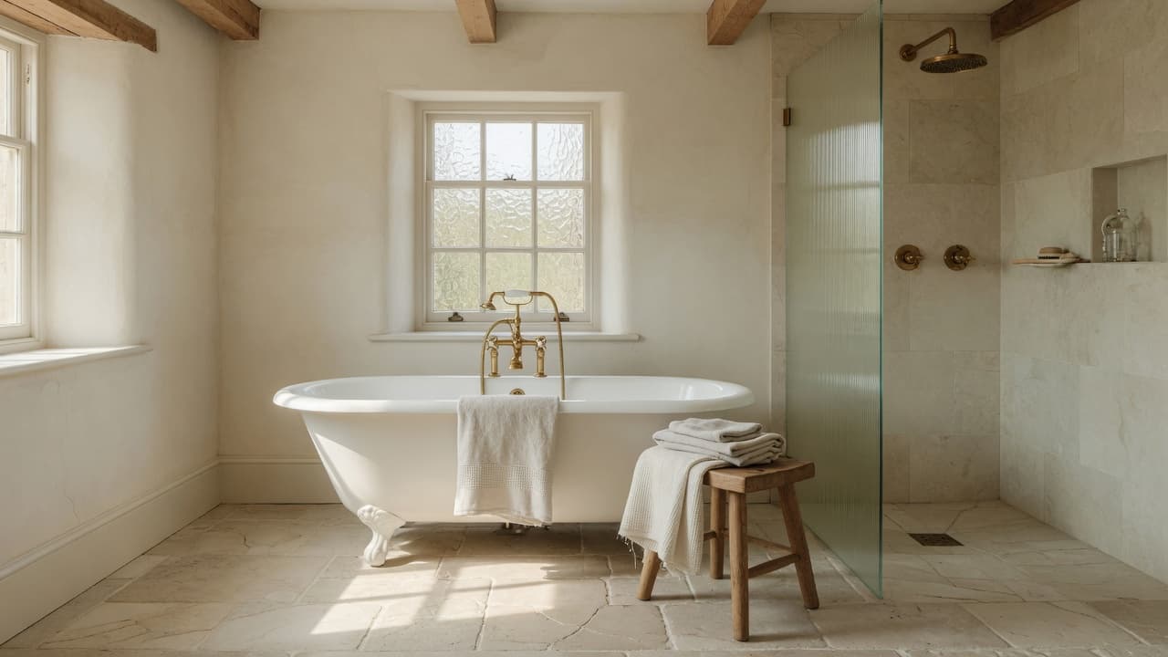 Finished bathroom in a period house, with a freestanding bath under a sash window.