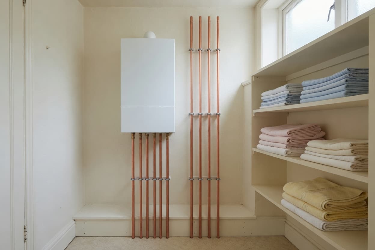 A white combi boiler with straight copper pipes in an airing cupboard.