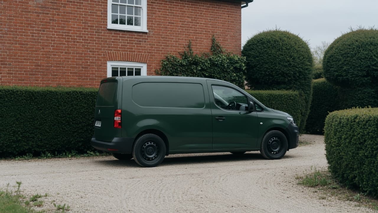 A dark green van parked on the gravel drive of a brick house.